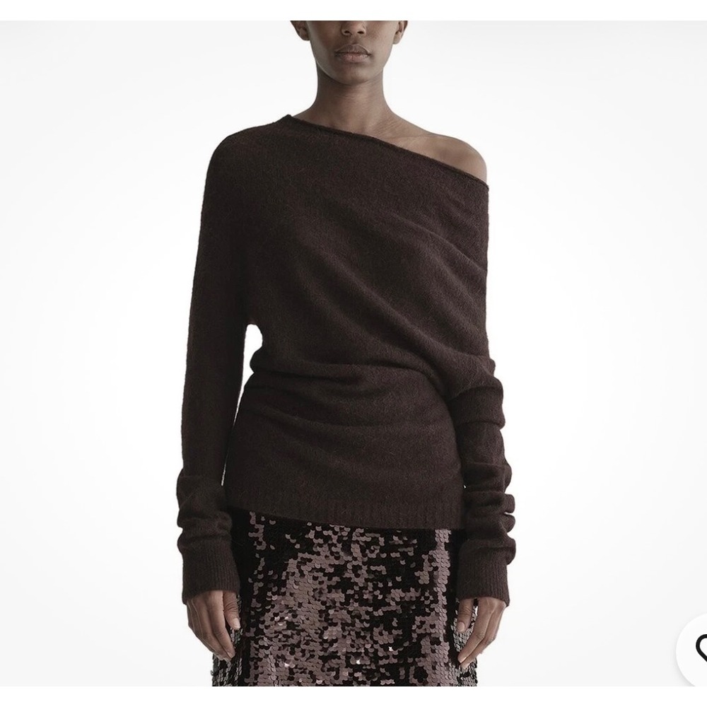 NWT A.L.C. Large LBrown Alpaca Merino Wool Off Shoulder Draped Sweater